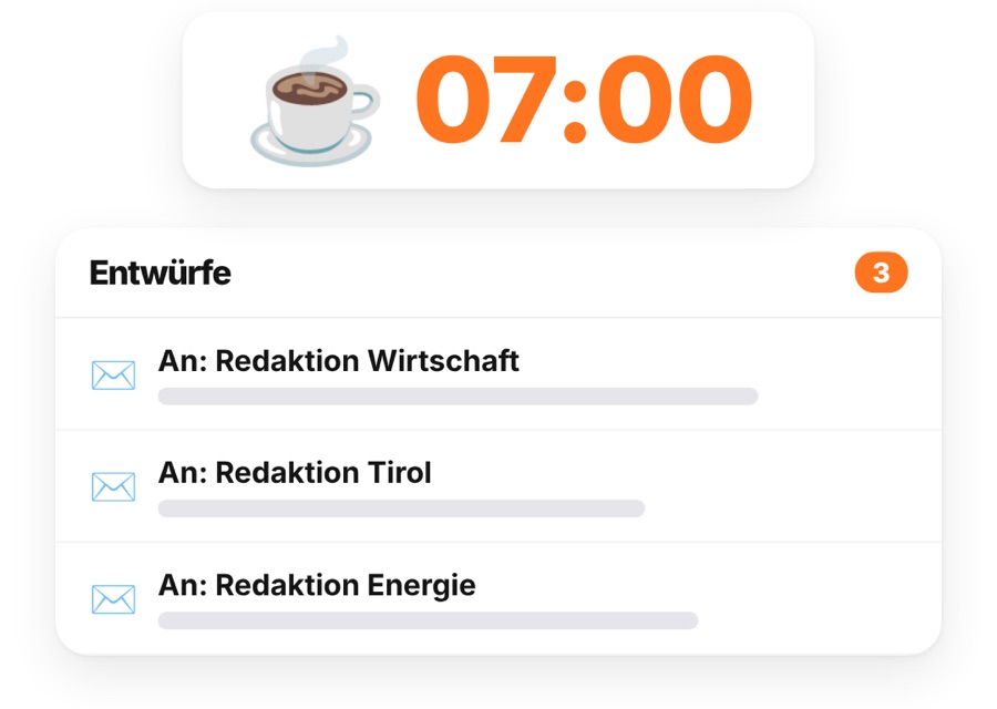 07:00 Uhr: drei fertige Mails an Redaktionen liegen in den Entwürfen
