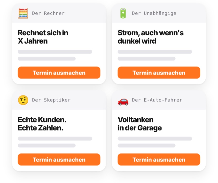 Vier Landingpages, je eine pro Käufertyp, jeweils mit Termin-Knopf